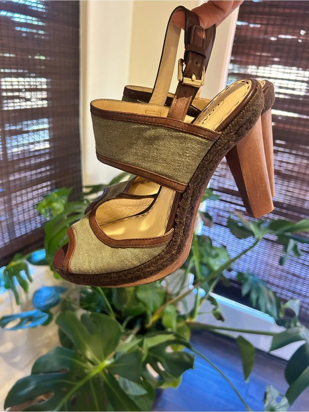 Coach Olive Green Platform Sandal with Wooden Block Heel